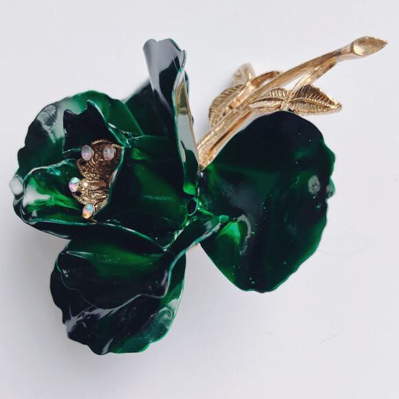 VTG 1960s Brooch Green Enamel Flower AB Rhinestones Gold Tone Mid Century Pin - Picture 5 of 13